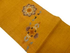 手織り紬相良汕頭刺繍華文に花葉・幾何学模様名古屋帯